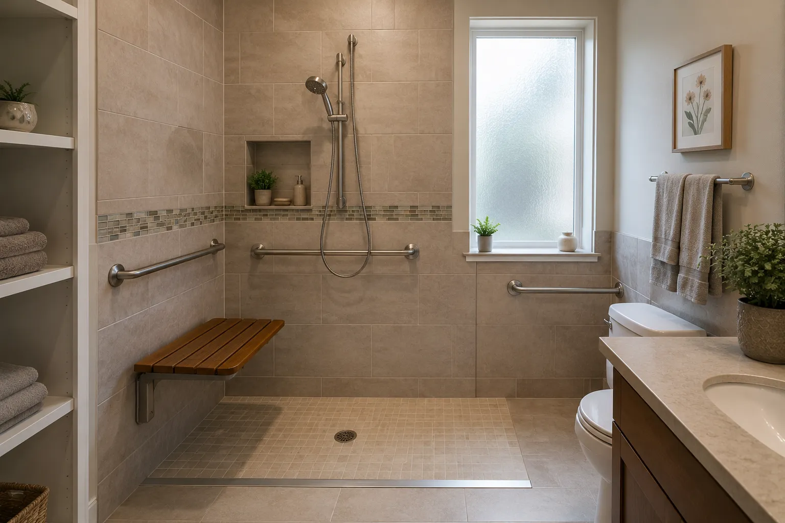Zero threshold roll-in shower with grab bars in accessible senior living bathroom